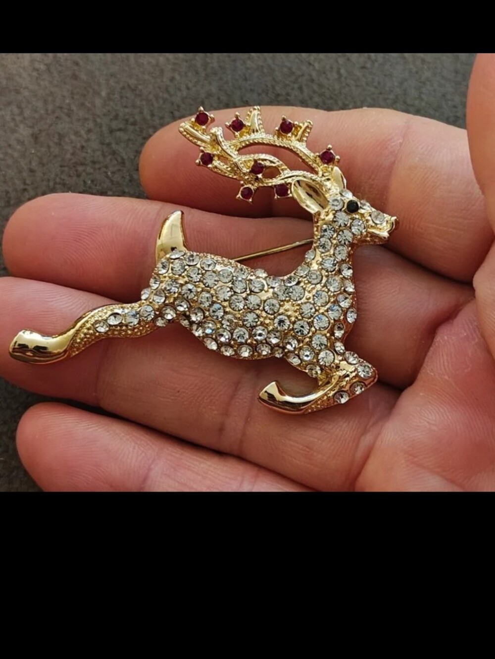1980s Gold Tone Reindeer With Sparkling Red, Clear & Black Rhinestones Brooch.